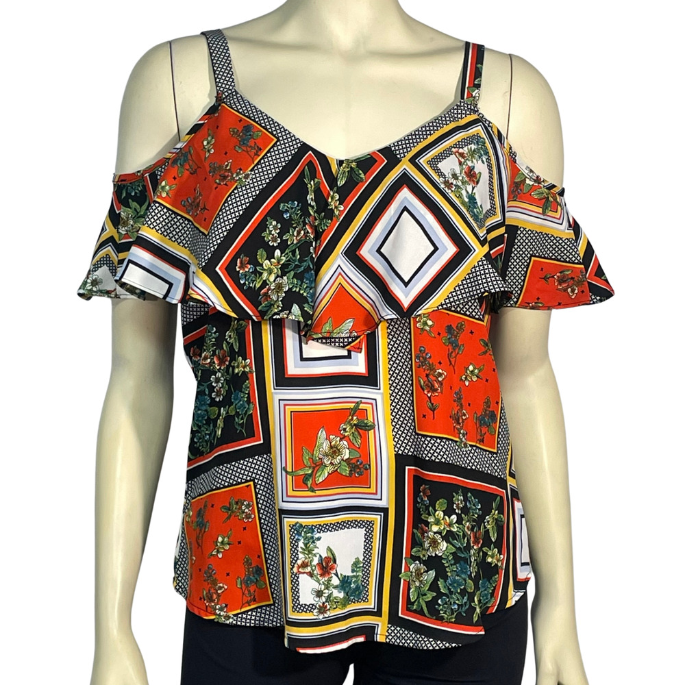 NY & Co Sz XS Cold Shoulder Sleeveless Top Ruffle Neckline Red/Black Scarf Print